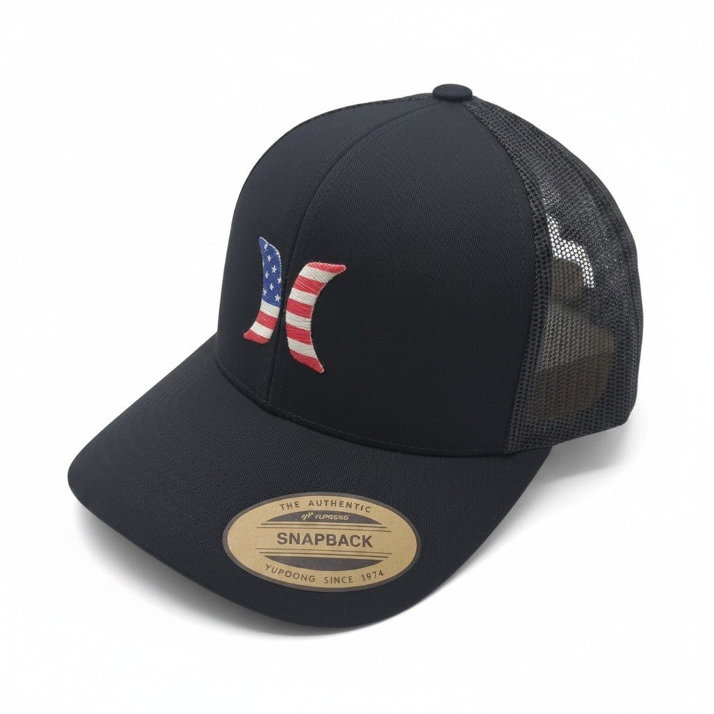 Hurley Del Mar Trucker Hat Black American Flag Logo Snapback HNHM0003 NEW